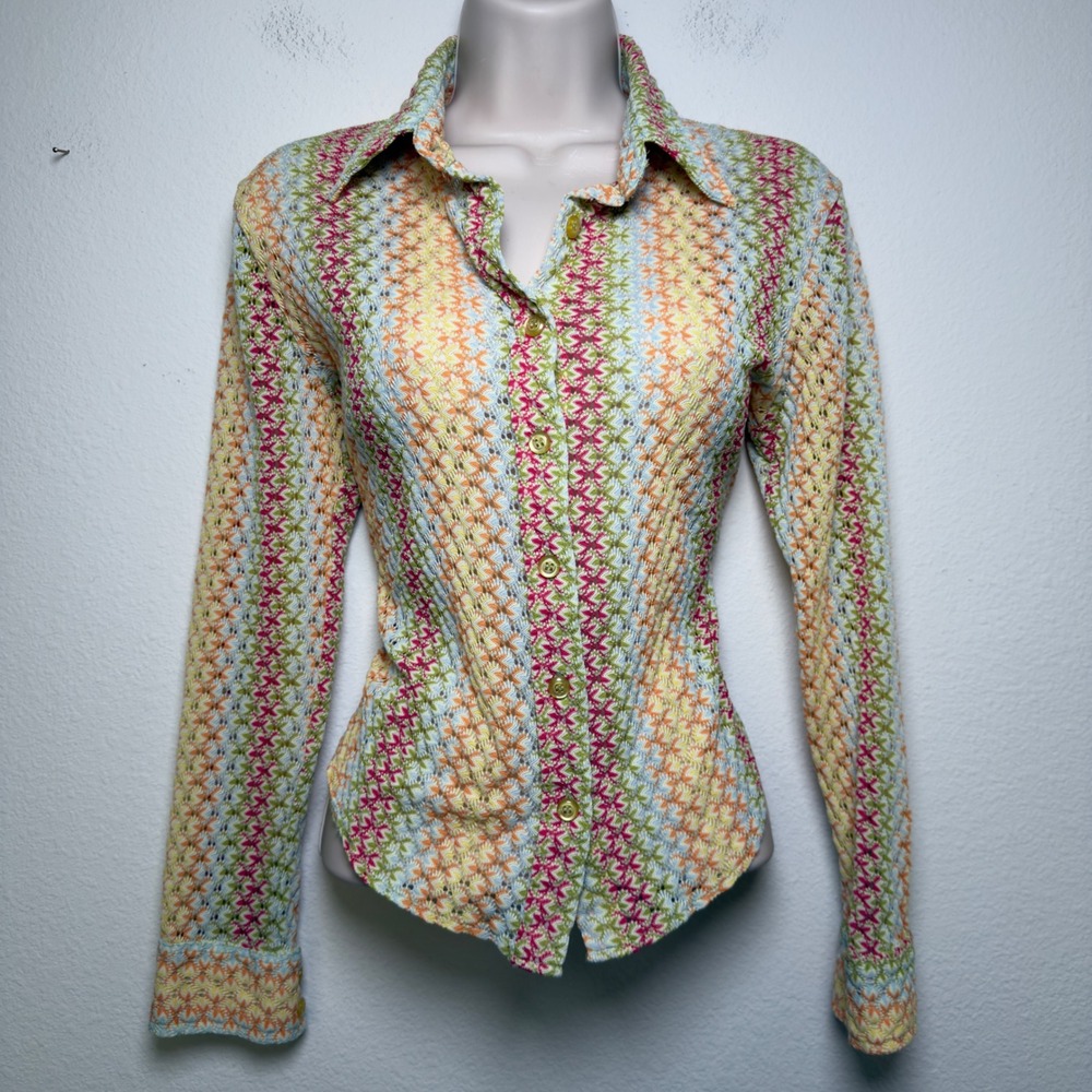 Anthropologie 8-Track y2k Women Button Front Multicolor Stripe Western Top Large
